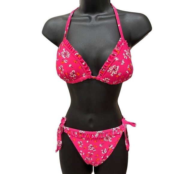 New look womens  3 piece bikini & matching shorts. Pink floral medium - Picture 1 of 7